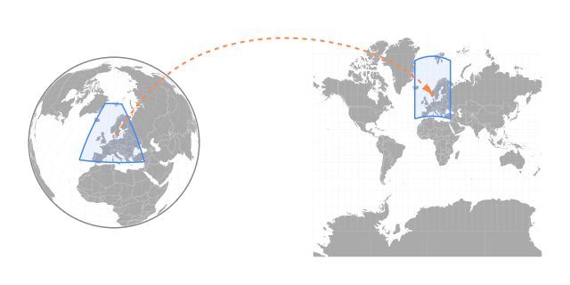 Figure of lat/lng bounds being projected onto a surface